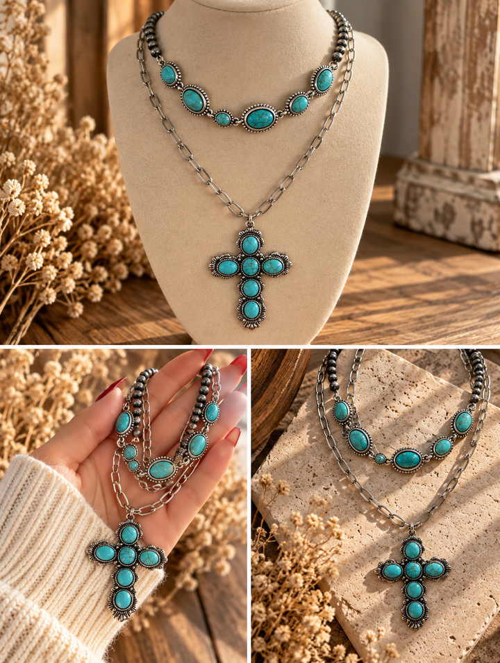 Turquoise Cross Layered Necklace