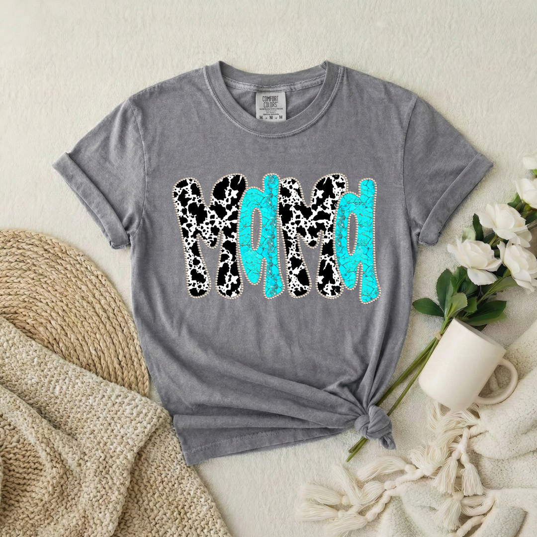Cowprint Turquoise Mama Gray Western Graphic Tee