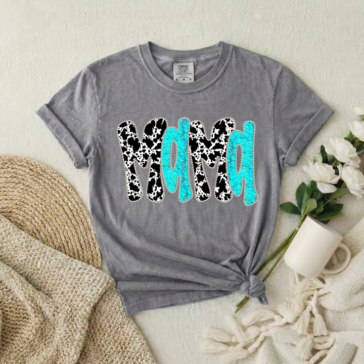 Cowprint Turquoise Mama Gray Western Graphic Tee