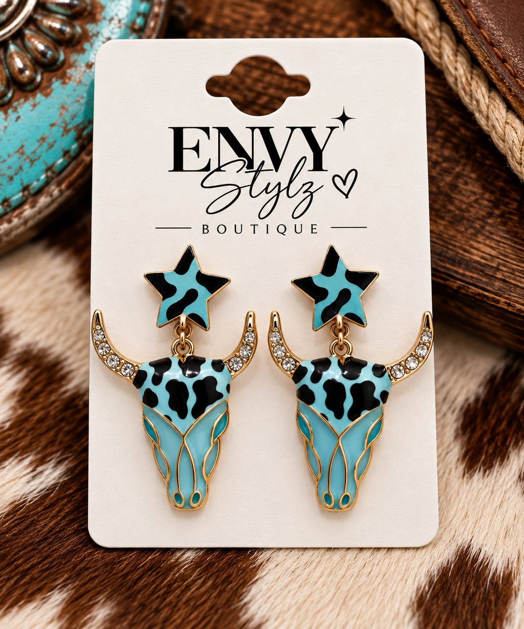 Wild Turquoise Longhorn Earrings with turquoise and black star studs, longhorn skull dangles and rhinestone horns
