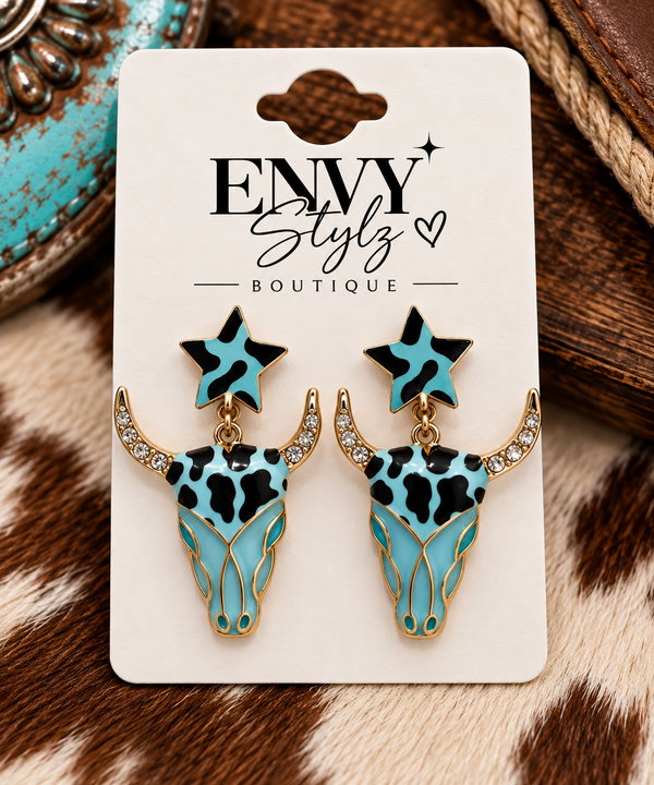 Wild Turquoise Longhorn Earrings with turquoise and black star studs, longhorn skull dangles and rhinestone horns