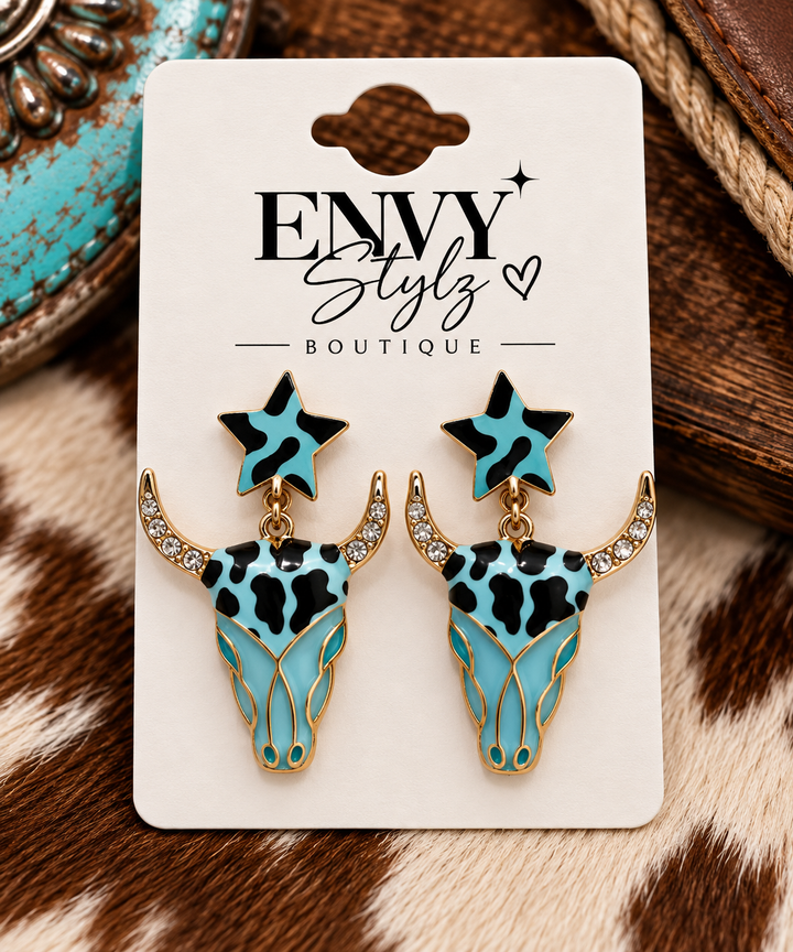 Wild Turquoise Longhorn Earrings with turquoise and black star studs, longhorn skull dangles and rhinestone horns