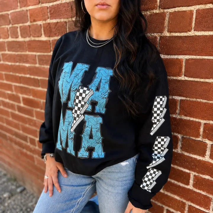 Model wearing the Black Mama Checkered Bolt graphic crewneck sweatshirt