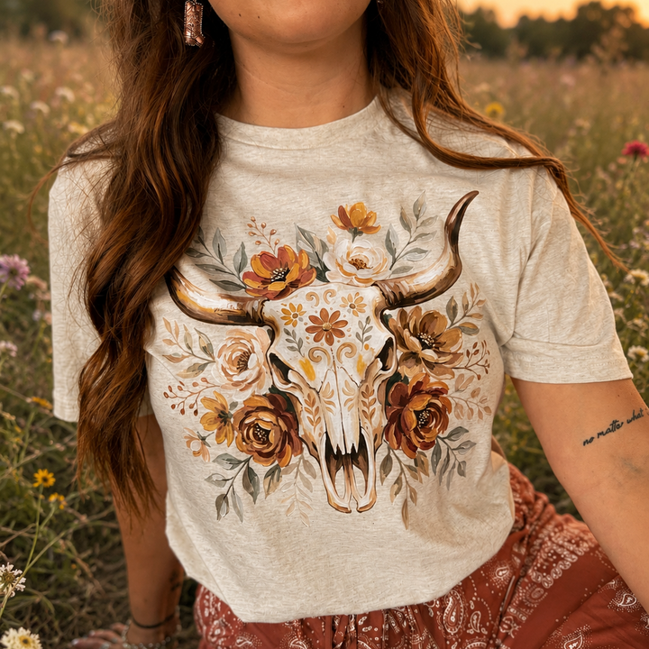 Floral Fall Bull Skull  Graphic Tee Envy Stylz Boutique
