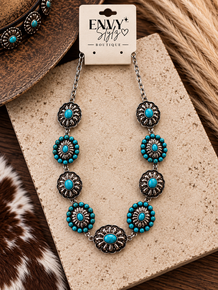 Turquoise Concho Trail Necklace with silver-tone conchos and turquoise stone accents