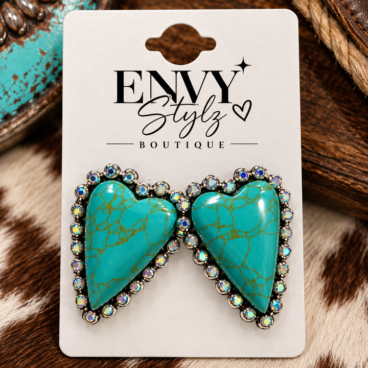 Turquoise Heartbreaker Earrings with oversized turquoise heart stones and sparkling rhinestone accents