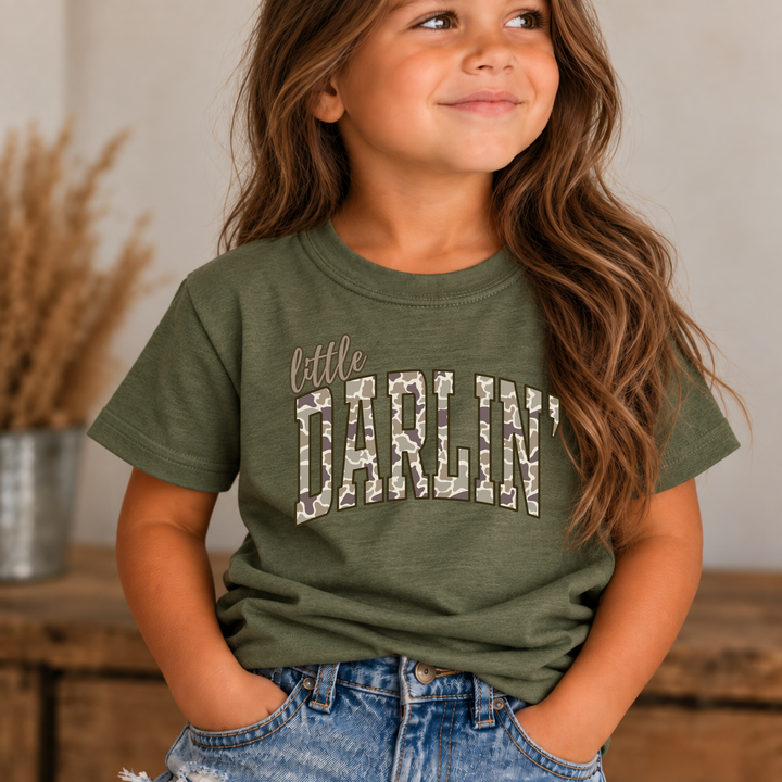 Little Darlin Camo military green graphic tee with neutral camo lettering