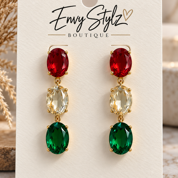 Merry & Bright jewel drop earrings with red, champagne and green faceted stones