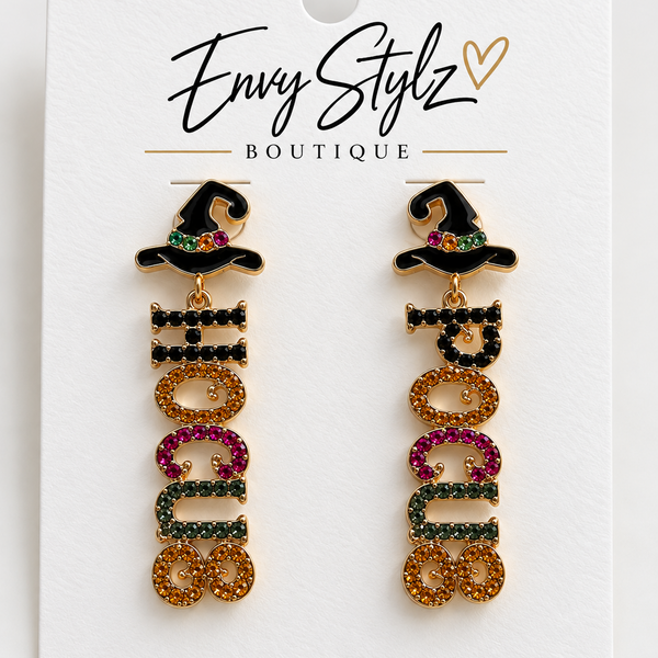 Hocus Pocus statement earrings with black witch hats and colorful jeweled lettering