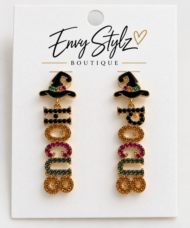 Hocus Pocus statement earrings with black witch hats and colorful jeweled lettering