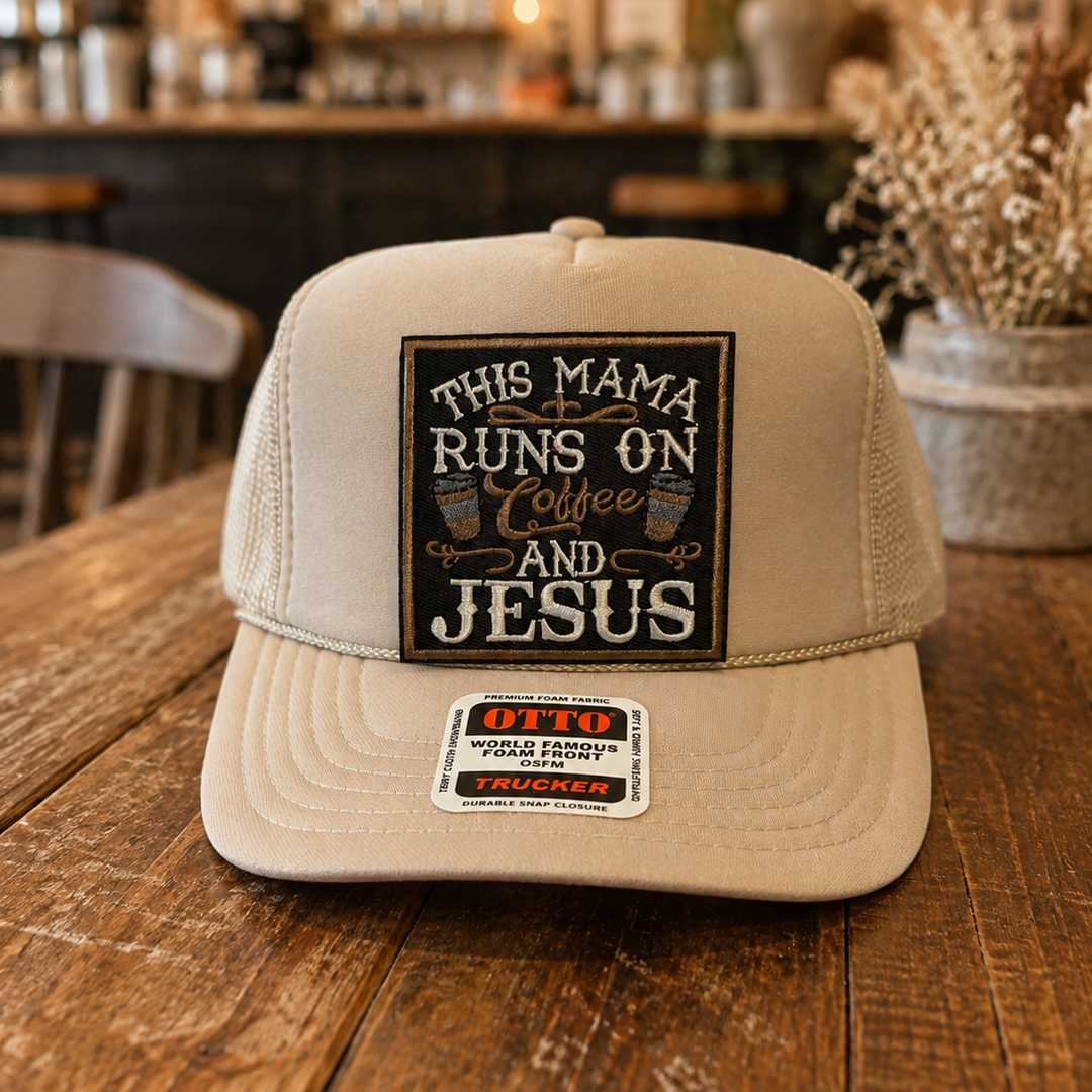 Mama Runs On Coffee And Jesus Tan Trucker Hat Envy Stylz Boutique