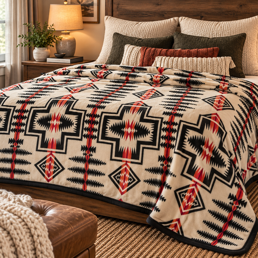 Tan and Red Aztec Oversized Blanket 82x90