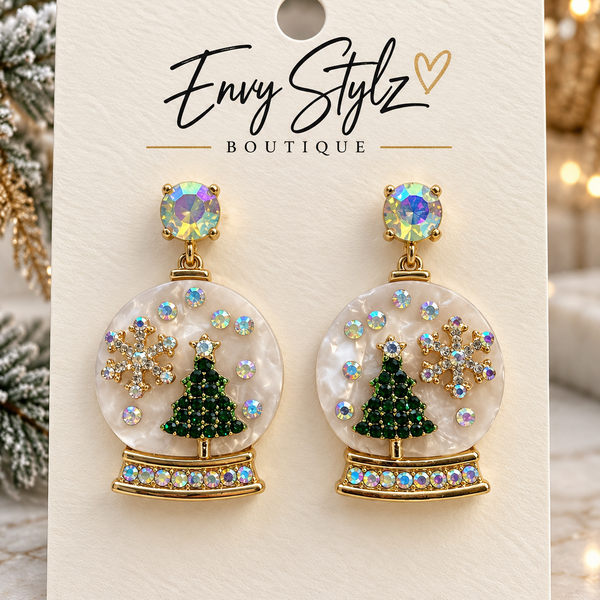 Christmas snow globe statement earrings with green trees, jeweled snowflakes and iridescent accents