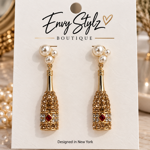 Pop the Bubbly champagne bottle earrings with pearl clusters and gold rhinestones