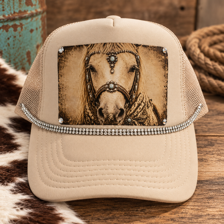 Turquoise Spirit Horse Trucker Hat in beige with vintage horse portrait patch, turquoise accents, and rhinestone trim