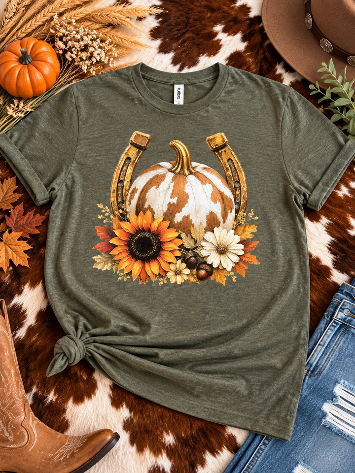 Cow Print Pumpkin Horseshoe Tee