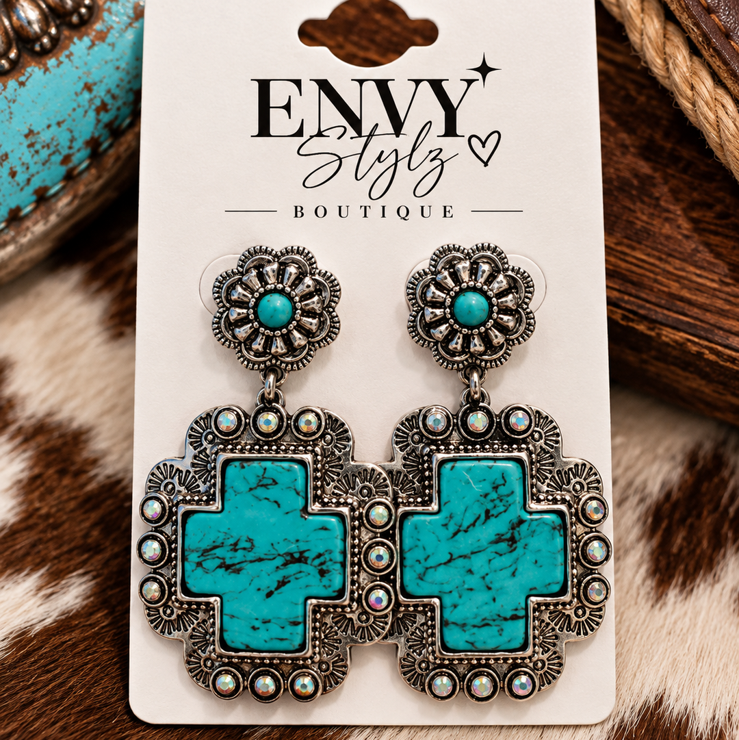 Turquoise Cross Statement Earrings with oversized turquoise crosses and antique silver-tone floral detailing