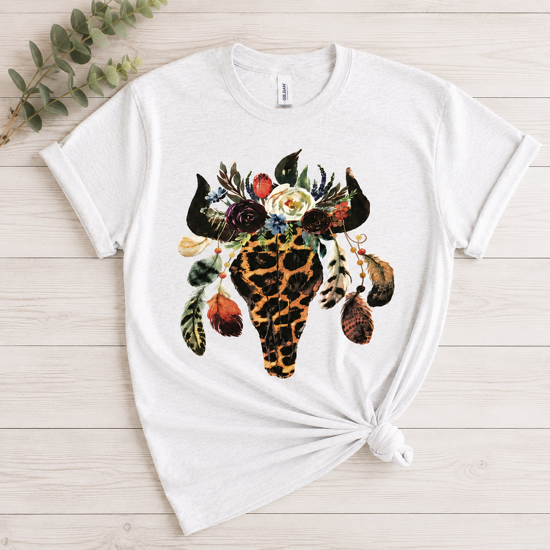 Leopard Floral Feather Bull Skull Graphic Tee Envy Stylz Boutique