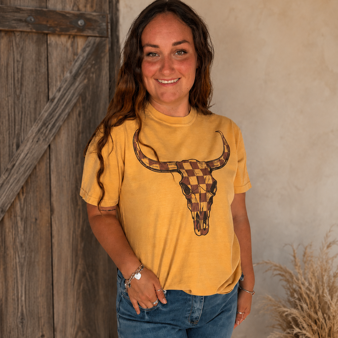 Brown Checkered Bull Skull Graphic T-Shirt Envy Stylz Boutique