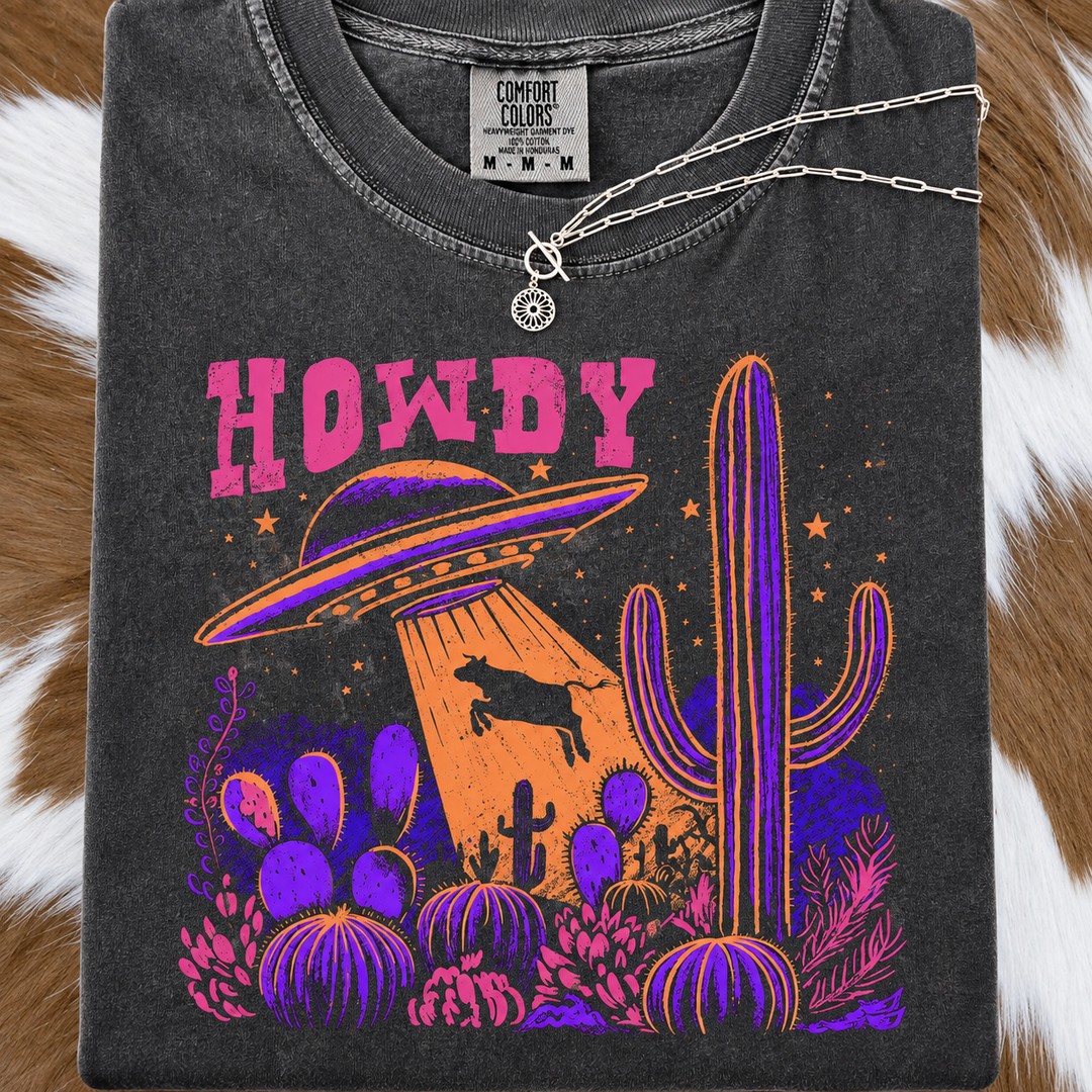 Pink Howdy UFO Cow Abduction Western Graphic Tee