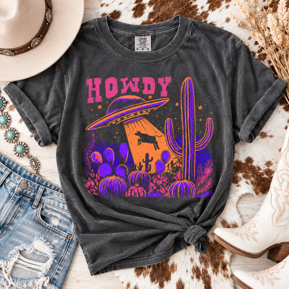 Pink Howdy UFO Cow Abduction Western Graphic Tee