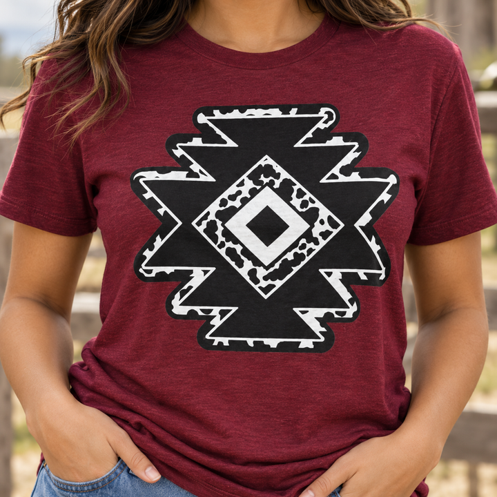 Cowprint Aztec Diamond Burgundy Western Graphic Tee