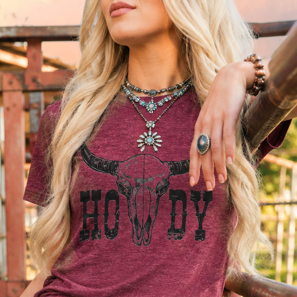 Desert Skull Howdy Maroon Western Graphic Tee product image 1