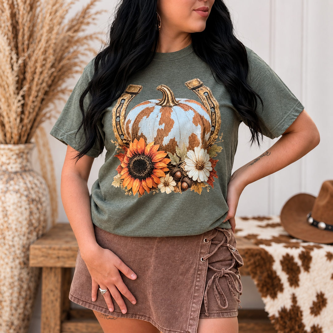 Cow Print Pumpkin Horseshoe Tee