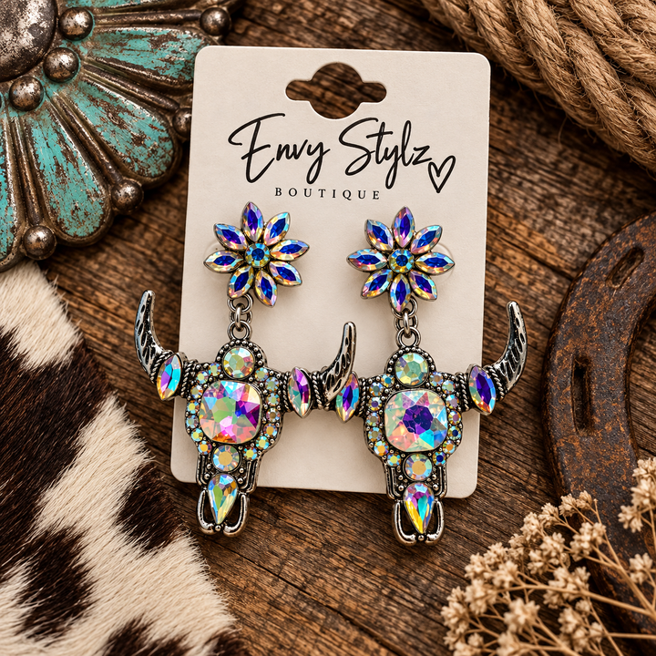 Western Bloom Longhorn Earrings with iridescent rhinestone flower studs and silver-tone longhorn skull dangles