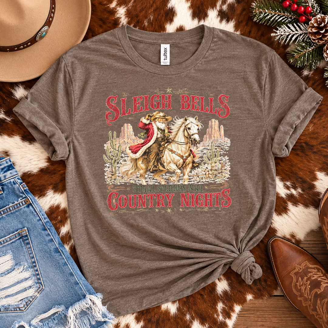 Sleigh Bells Country Nights Western Christmas Graphic Tee