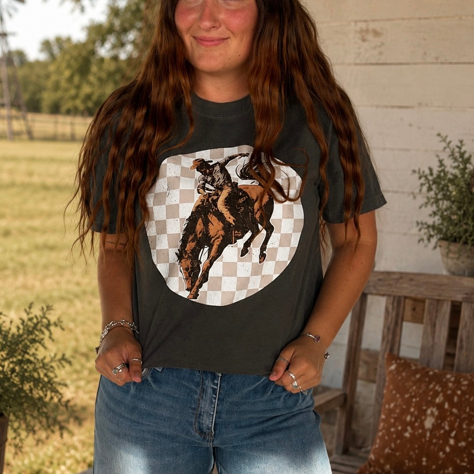 Checkered Bronc Rider Graphic Tee Envy Stylz Boutique