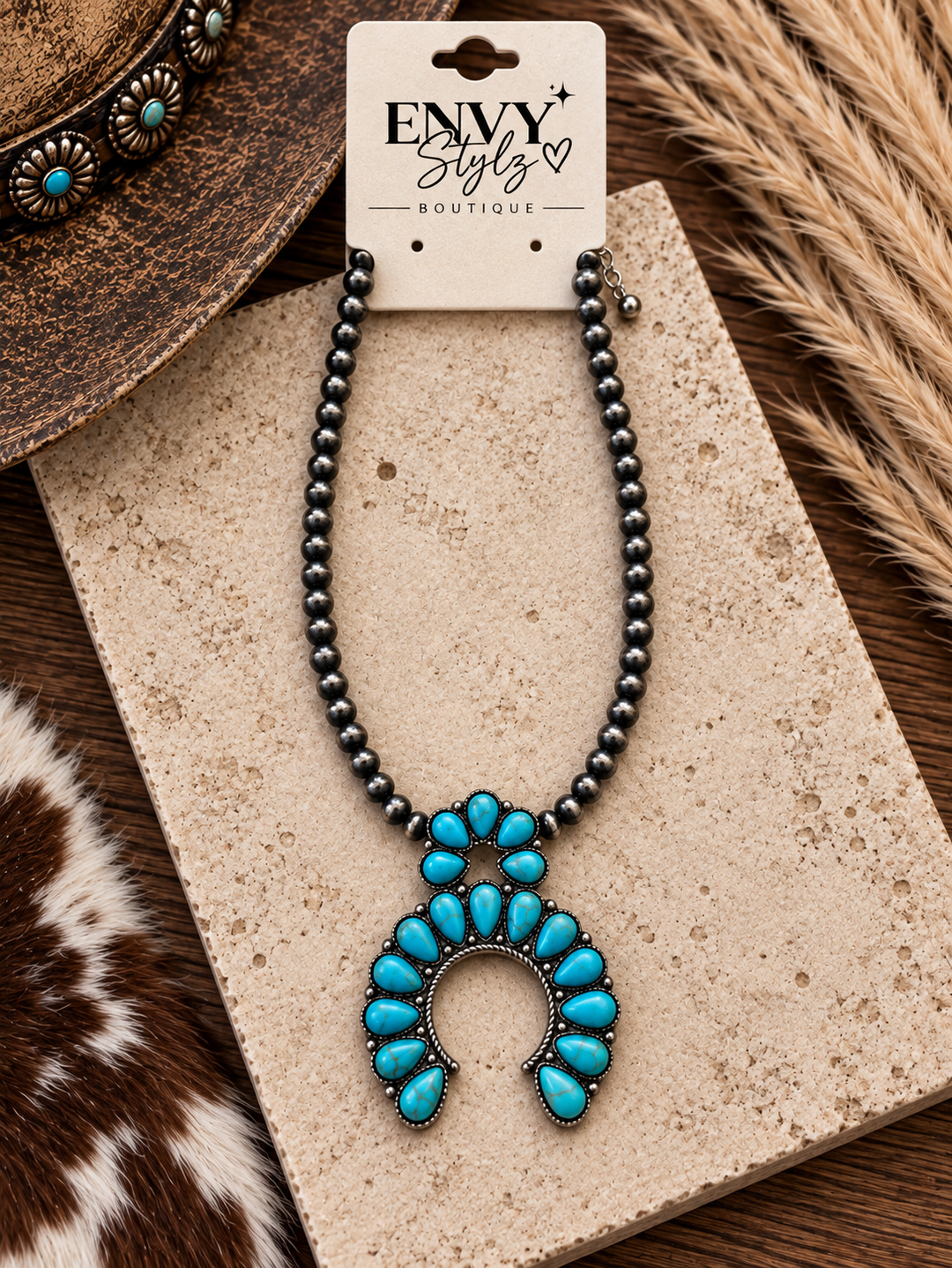 Turquoise Blossom Squash Necklace with silver-tone pearl beads and teardrop turquoise stones