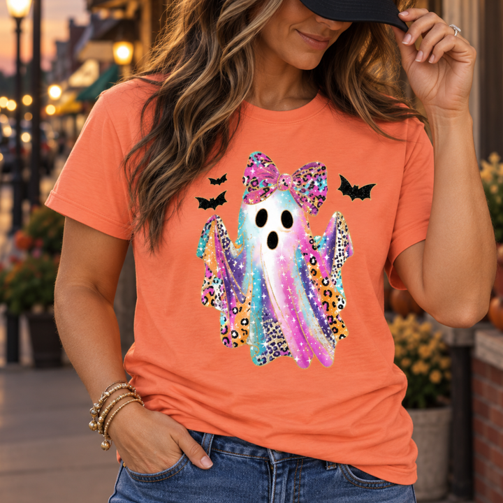 Neon Leopard Ghost Cantaloupe Halloween Graphic Tee