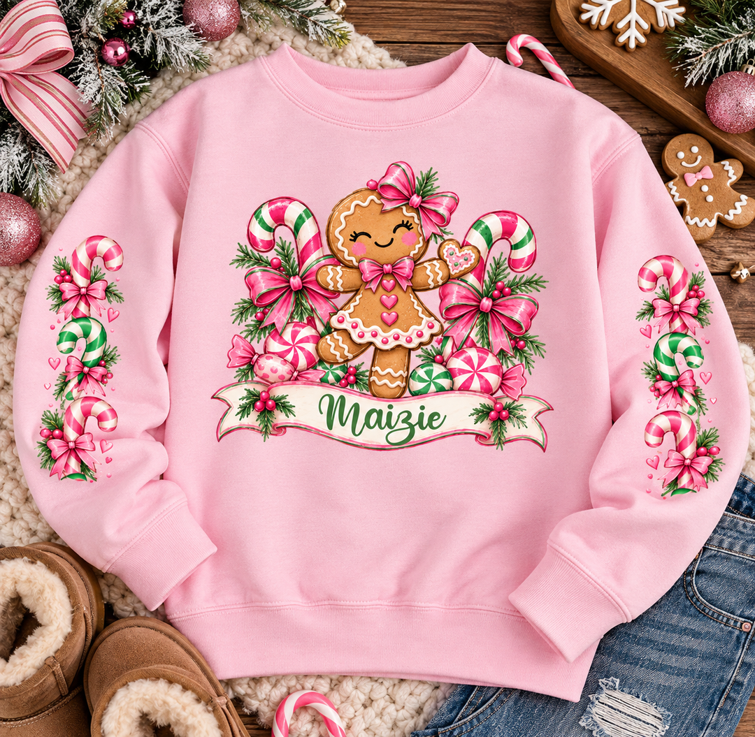Personalized Gingerbread Sweetie Christmas Sweatshirt flat lay