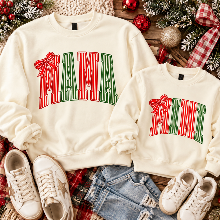 Mama and Mini Christmas Stripes sweatshirts flat lay