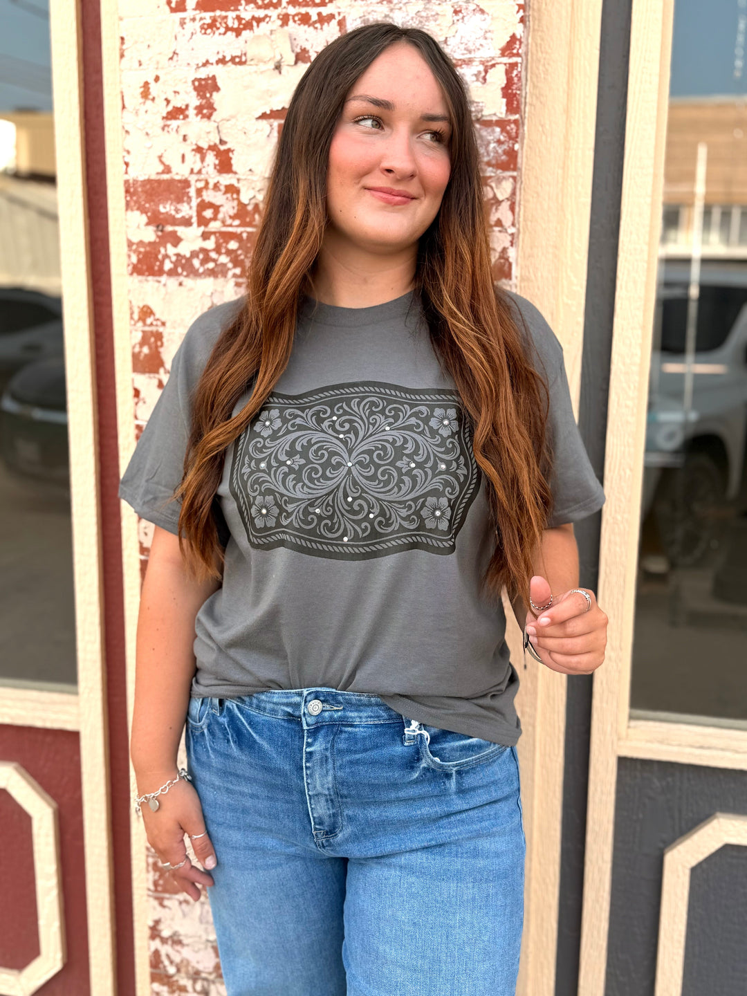 Rhinestone Belt Buckle Graphic Tee Envy Stylz Boutique