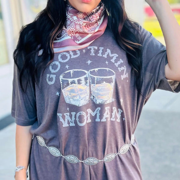 Close view of Good Timin' Woman heather brown graphic tee with two-glass Western design