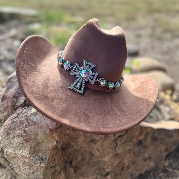 Brown Western hat with silver-tone cross and chunky rhinestone details