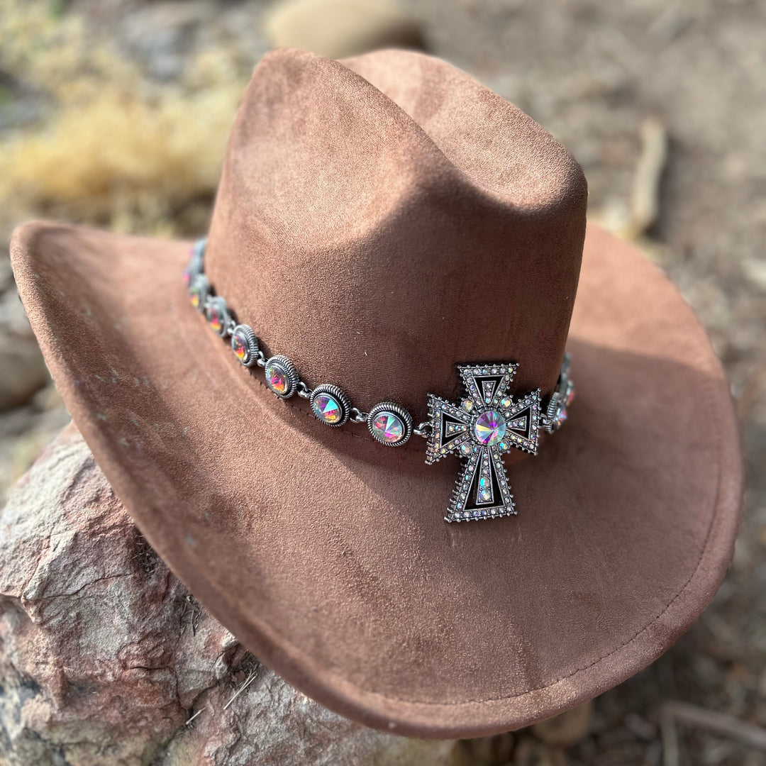 Brown Western hat with silver-tone cross and chunky rhinestone details