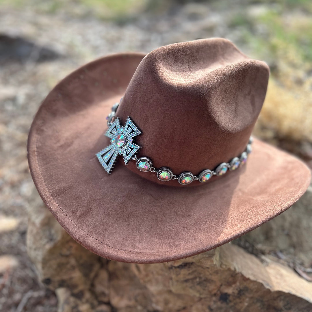 Brown Western hat with silver-tone cross and chunky rhinestone details