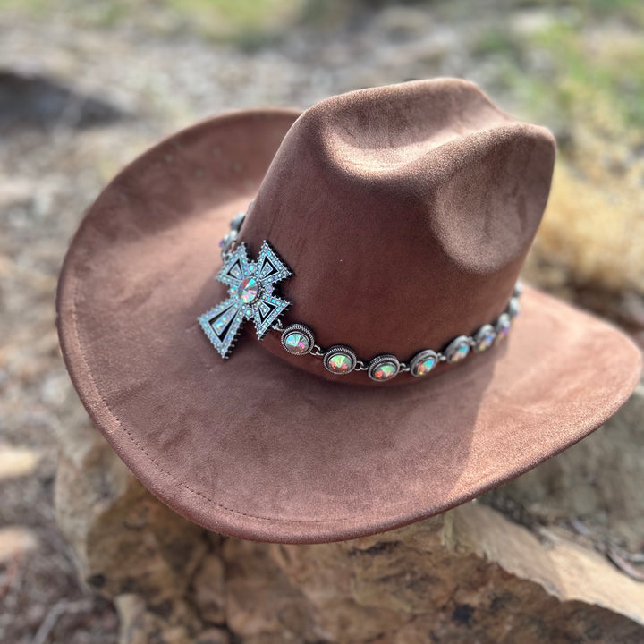 Brown Western hat with silver-tone cross and chunky rhinestone details