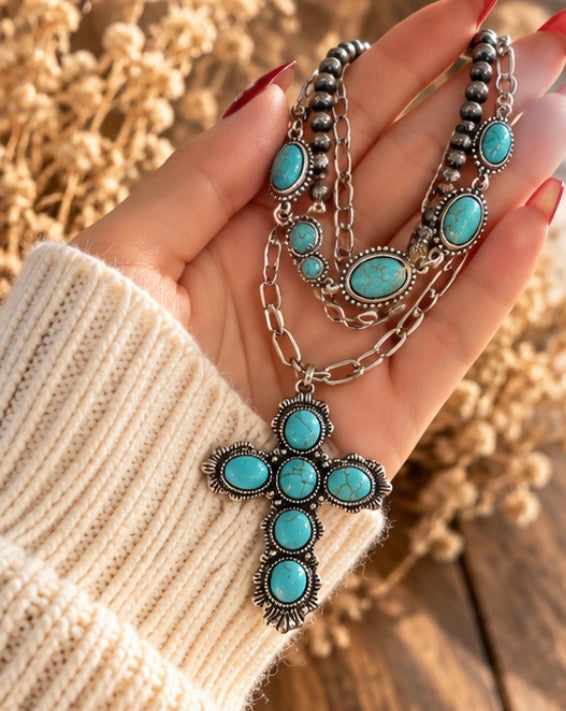 Turquoise Cross Layered Necklace