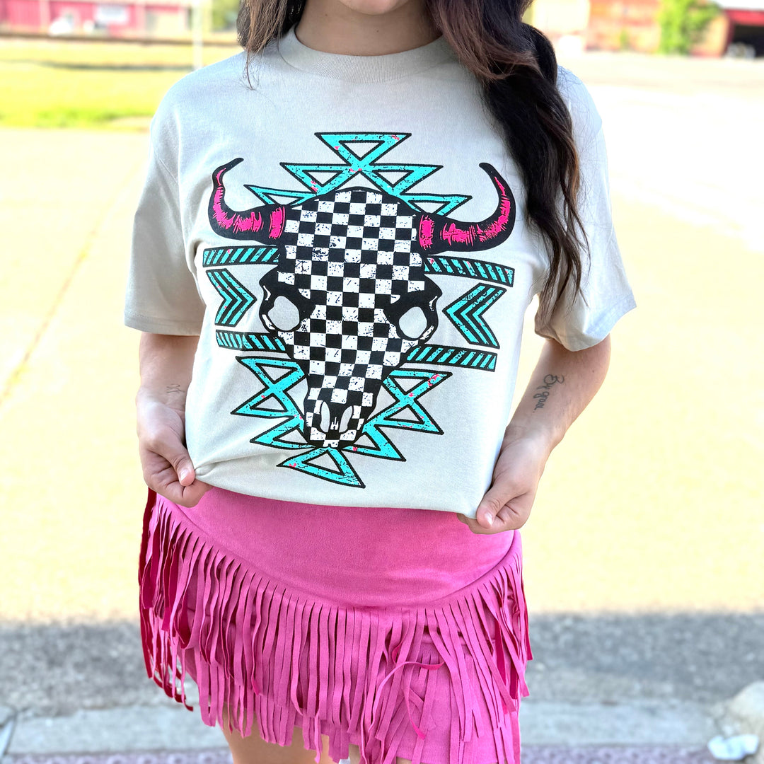 Turquoise Bull skull Teal and Pink Graphic T-shirt Envy Stylz Boutique