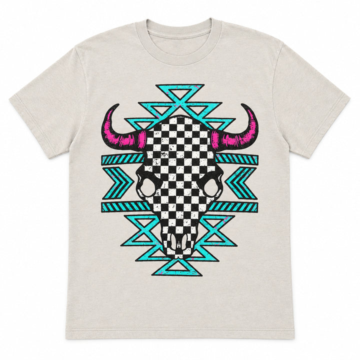 Turquoise Teal &amp; Pink Bull Skull Graphic Tee