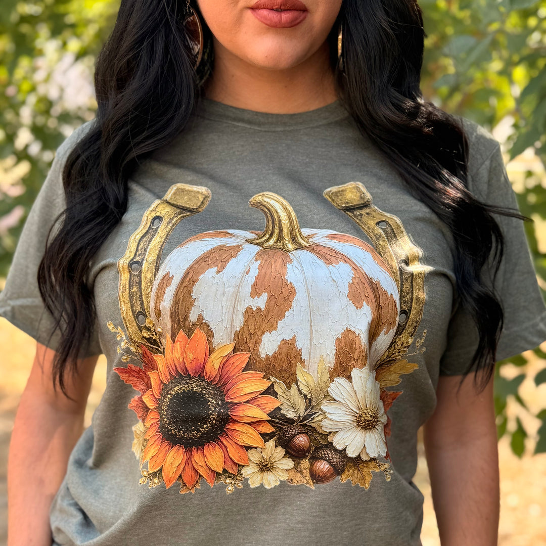 Cow Print Pumpkin Horseshoe Tee