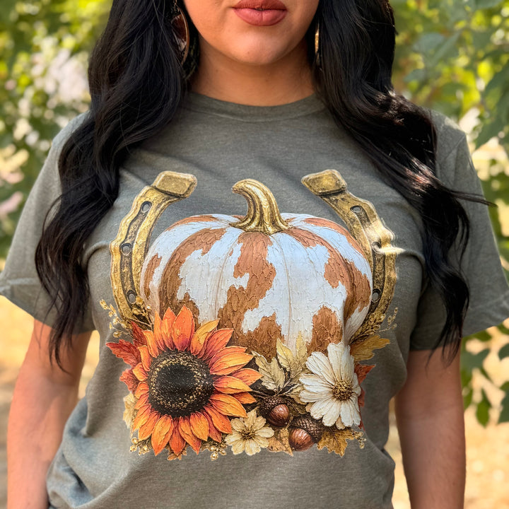 Cow Print Pumpkin Horseshoe Tee
