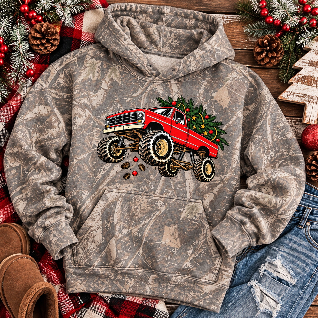 Boys Christmas truck camouflage hoodie flat lay