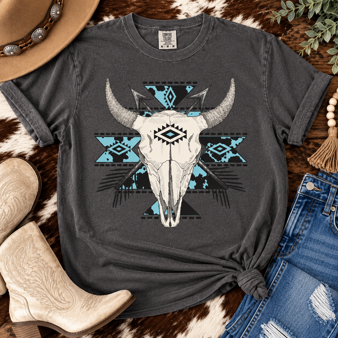 Blue Aztec Bull Skull Pepper Western Graphic Tee product image