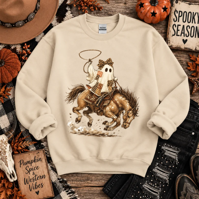 Sand Ghost Rider Western sweatshirt with ghost cowgirl riding a bucking bronco