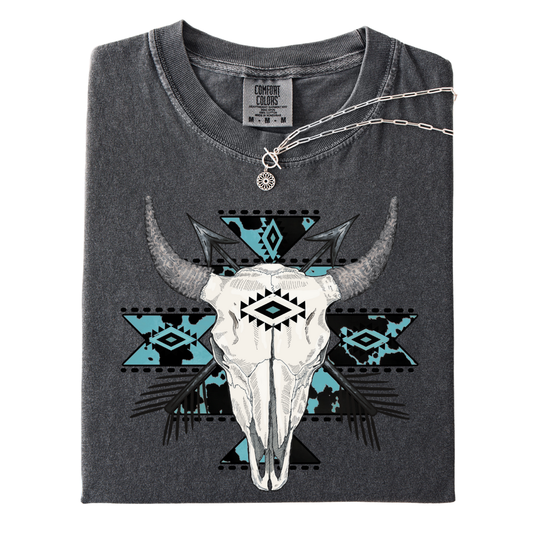 Blue Aztec Bull Skull Pepper Western Graphic Tee